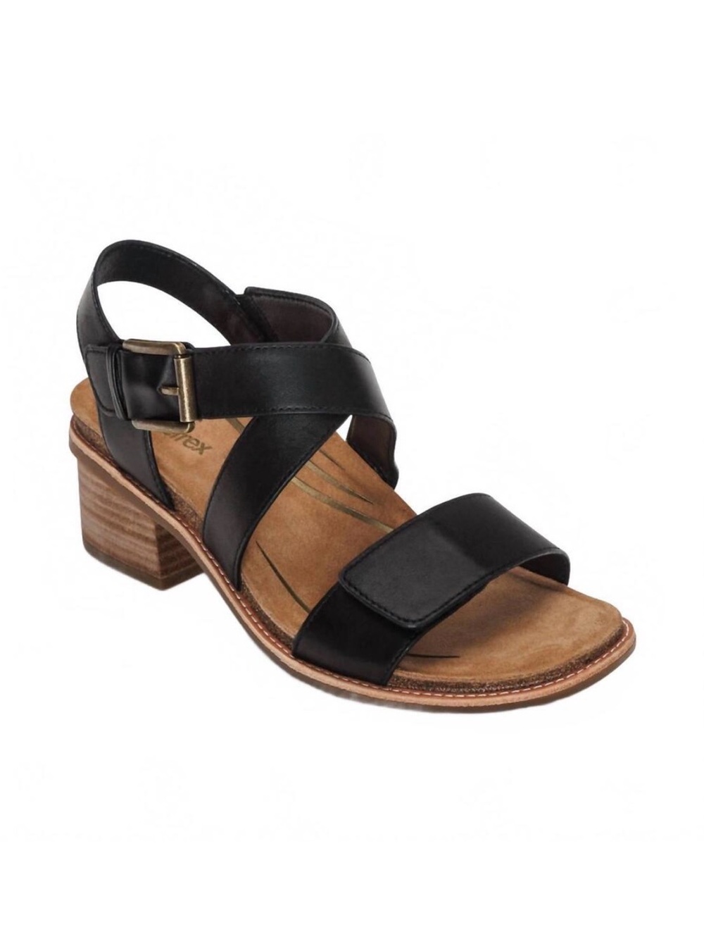 Women's Black Leather Strappy Block Heel Sandal